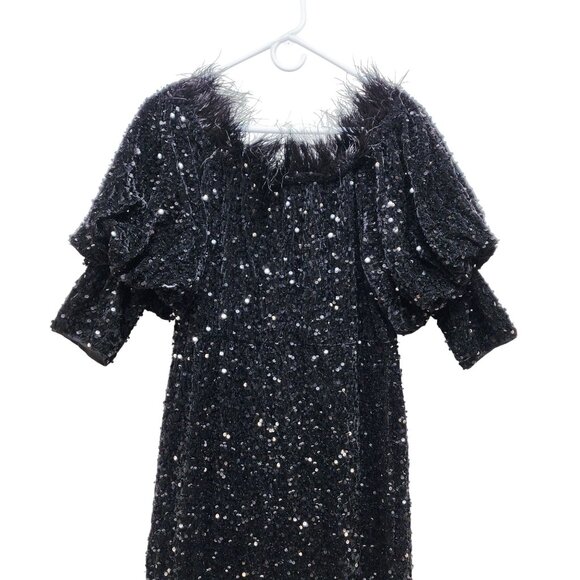 Vintage Black Sequined Dress With Puff Sleeves & Feather Trim Size XL - Picture 4 of 10